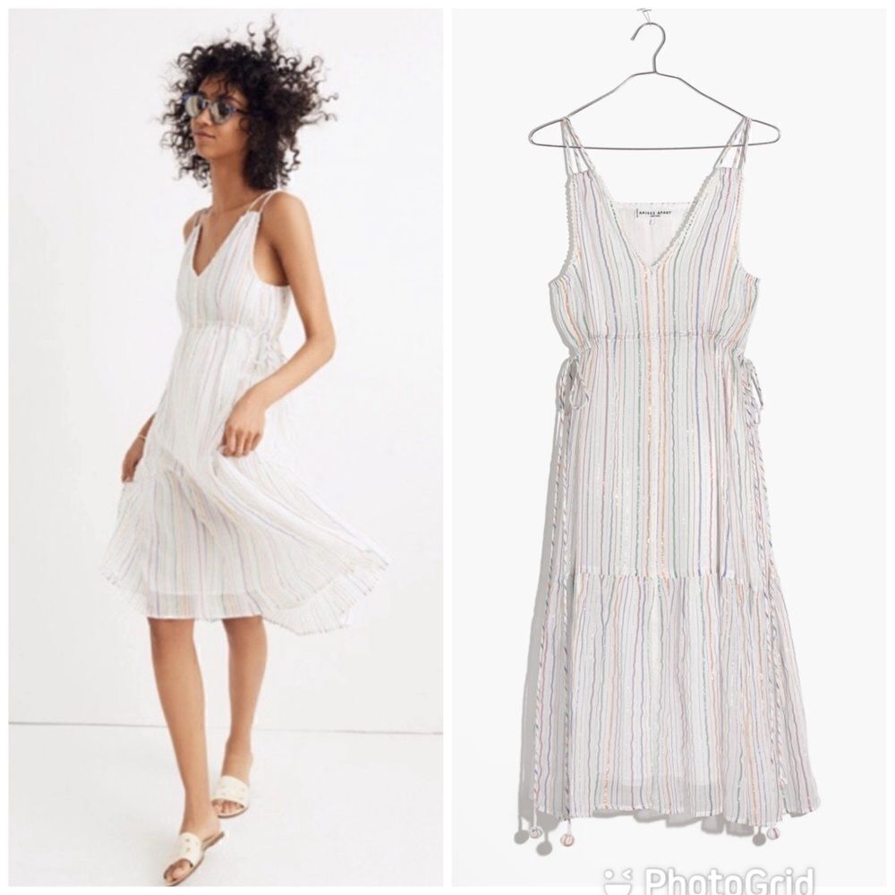 NEW Apiece Apart Daphne Midi Dress Lurex Metallic White Fez Stripe Size 2